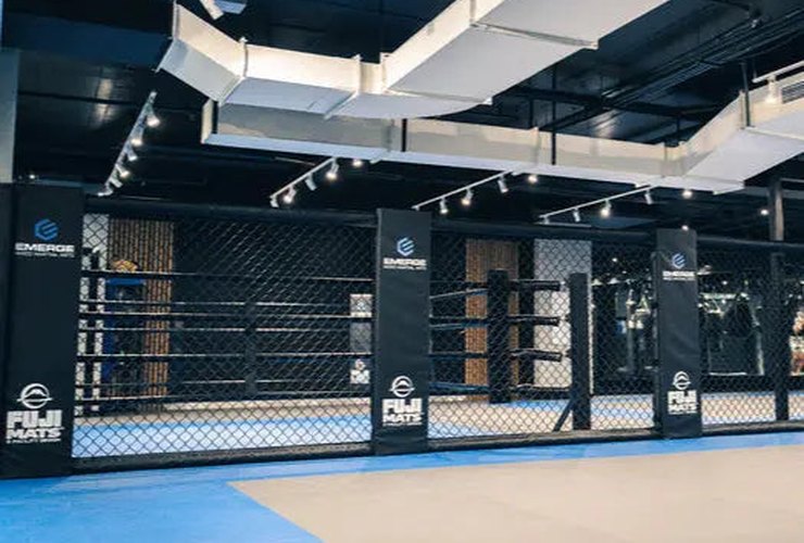 Fuji Mats MMA cage panels in a gym (product photo; 3D designer coming soon)